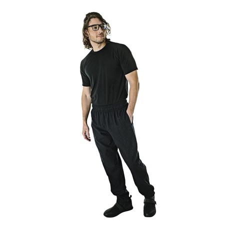 Large Chefwear Mens Unisex Baggy Cotton Chef Pant Black/Grey Pinstripe 