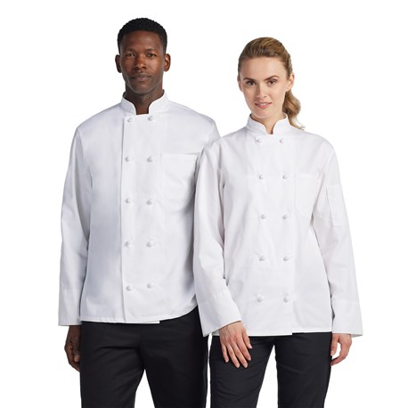 Small White Mercer Culinary M62010WHS Renaissance Mens Scoop Neck Chef Jacket 