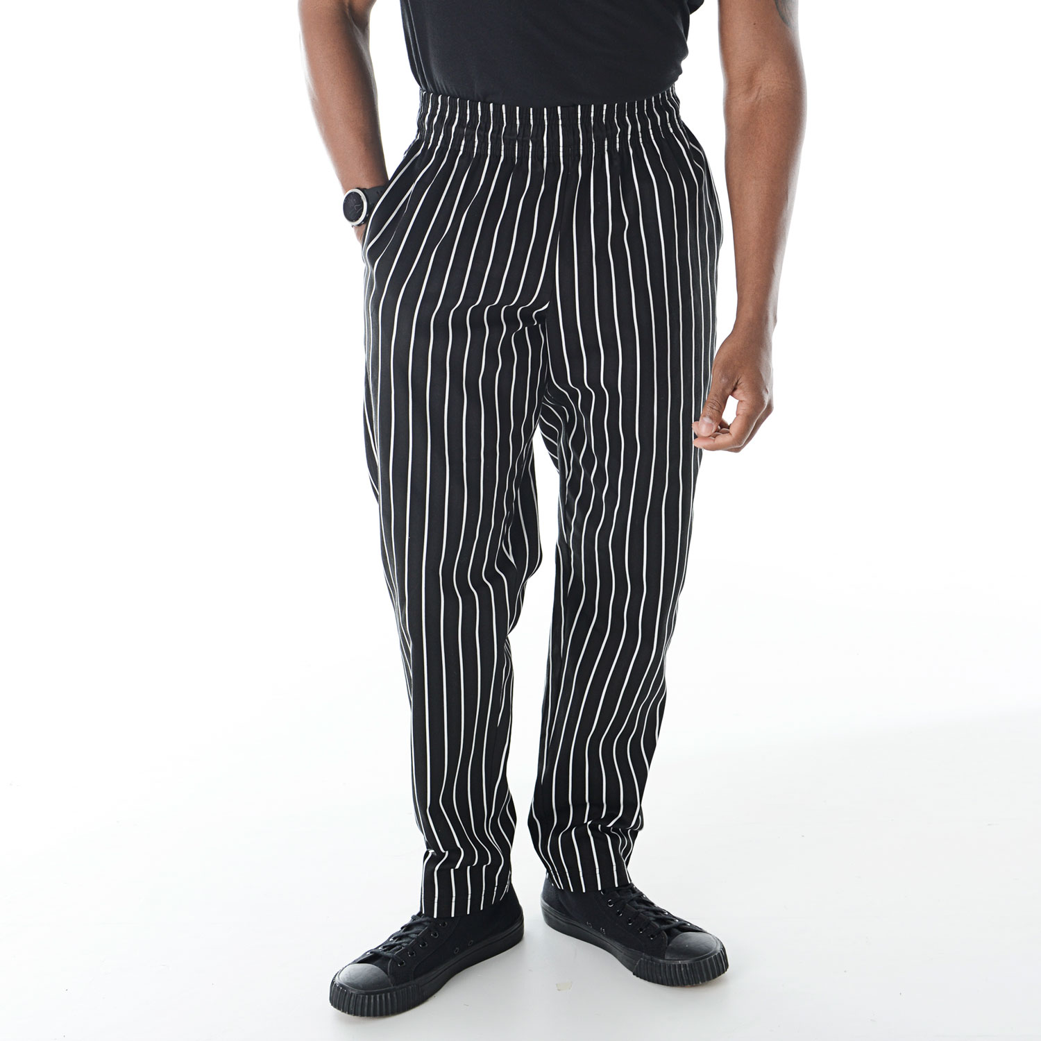 Elastic Waist 100% Cotton Men’s Chalk Stripe Black Print Chef Pant | Traditional Baggy Fit XS-3X 