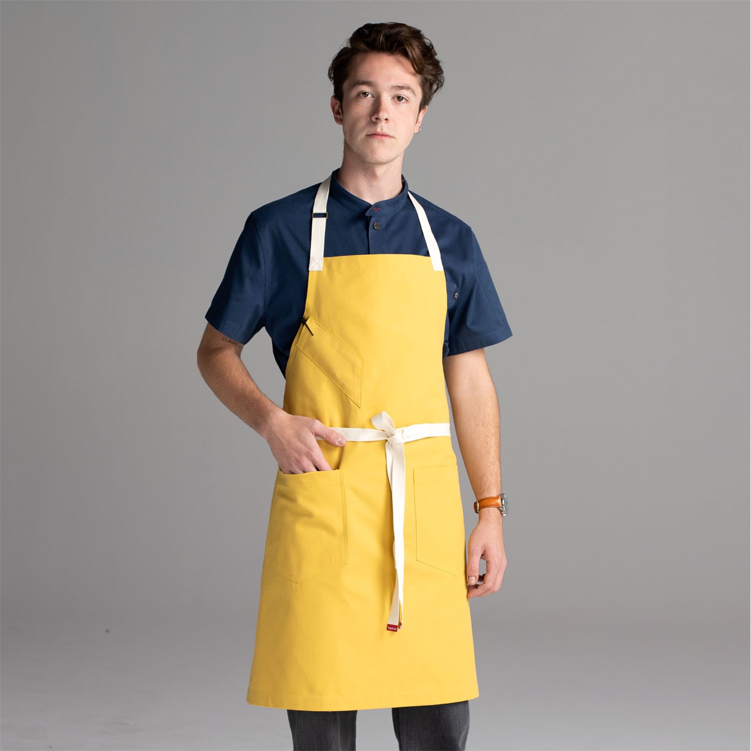 Chefwear 2 Pocket 100&#37; Cotton Yellow Bib Chef Apron, Chef Wear Style CW1693 04