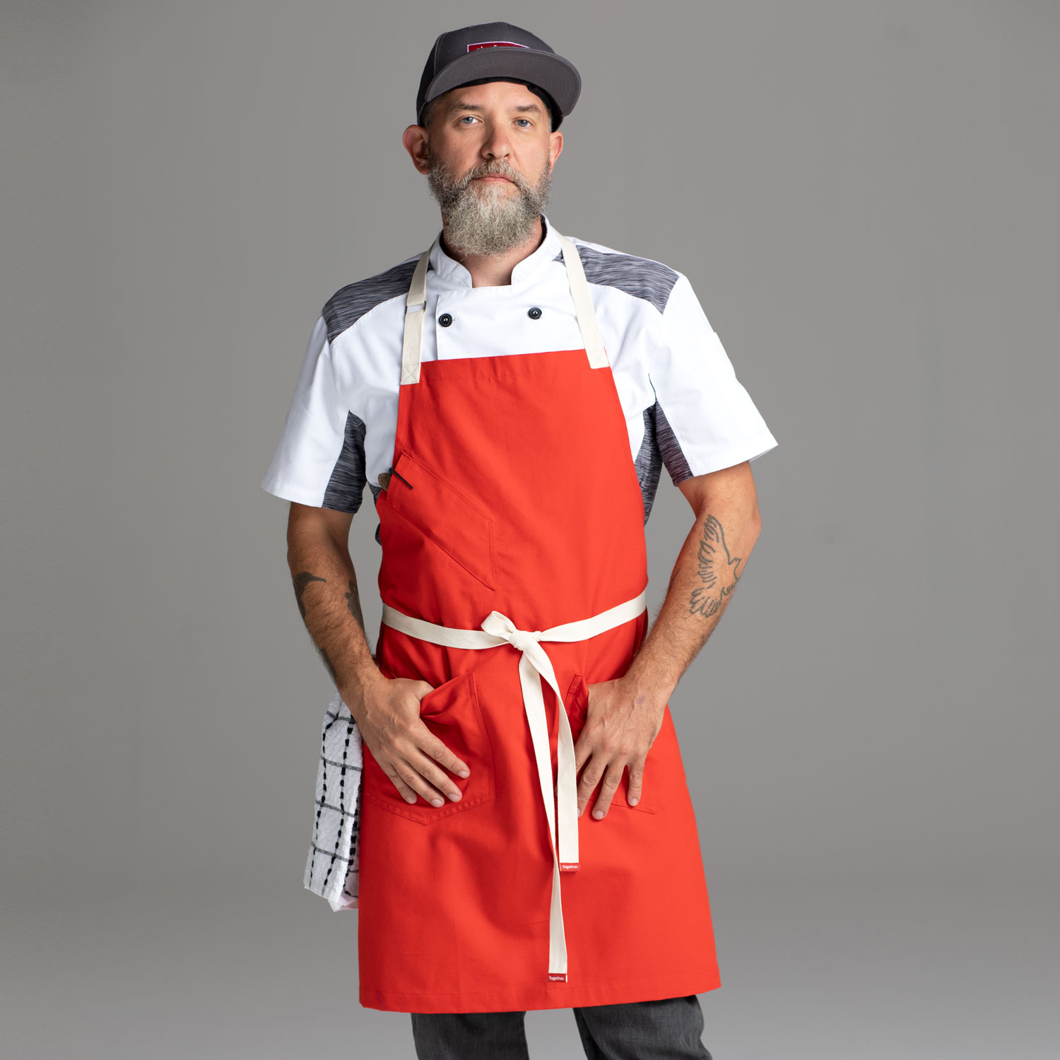 Chefwear 2 Pocket 100&#37; Cotton Red Bib Chef Apron, Chef Wear Style CW1693 02