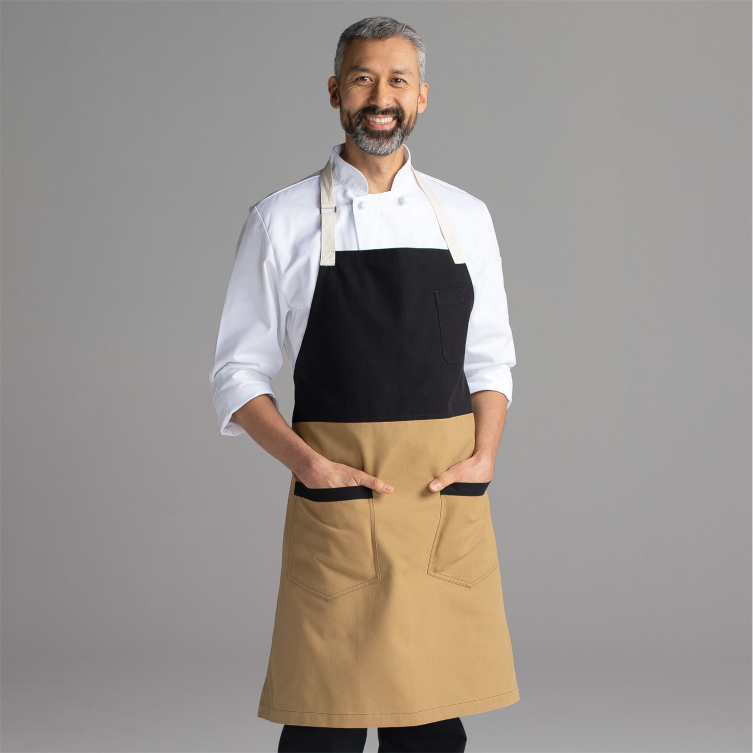 Chefwear 2 Pocket 100&#37; Cotton Two Color Black and Brown Bib  Apron for Chefs, Cooks, Waiters and Servers. Chef Wear Style CW1694