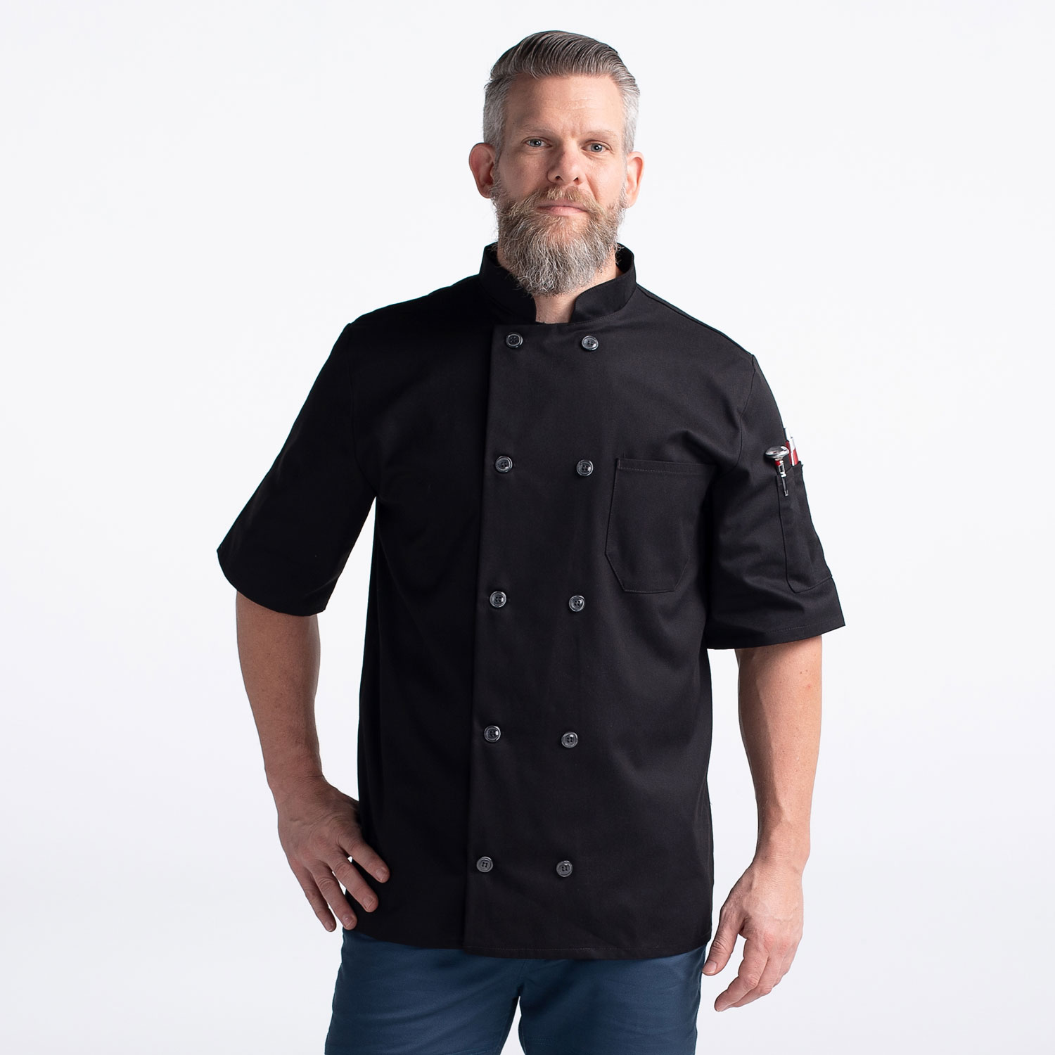 CW4455-CW30-01_Chefwear-Short-Sleeve-Plastic-Button-Chef-Jacket_Black