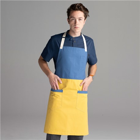 CW1694_CW217_01Chefwear 2 Pocket 100&#37; Cotton Two Color Blue and Yellow Bib Canvas Aprons for Chefs, Cooks, Waiters and Servers. Chef Wear Style CW1694