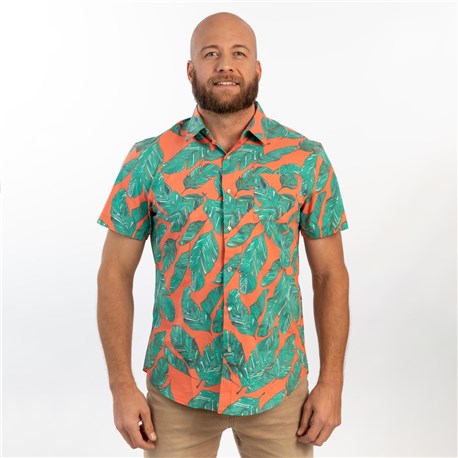 Unisex Slim Short Sleeve Stretch Print Work Shirt (CW4350) - Paradise Palm Coral